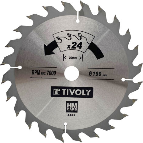 Tivoly • Kreissägeblatt • Ø190 mm • 24 Hartmetallzähne • Schnelles Sägen • Für tragbare Sägen • Zum Schneiden von Holz • Zum Schneiden von Gips