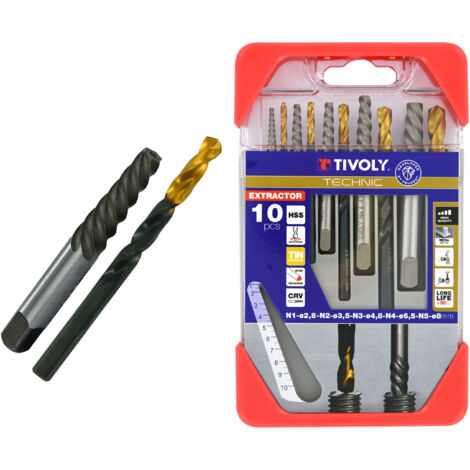 Tivoly • Schachtel mit 10 Stück, mit 5 Bolzen- und Schraubenziehern N1, N2, N3, N4, N5 und 5 verschiedenen HSS STEAM TIN-Bohrern D2,5-3,2-4,8-6,5-8 mm