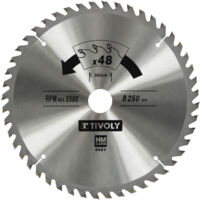 Tivoly • Kreissägeblatt • Ø250 mm • 48 Hartmetallzähne • Hervorragende Oberfläche • Für tragbare Sägen • Zum Schneiden von Holz