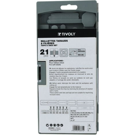 Tivoly • Coffret 21 pièces -9 tarauds M3 à M12 + 9 filières M3 à M12 + 1 tournevis + 1 porte-taraud + 1 porte-filière