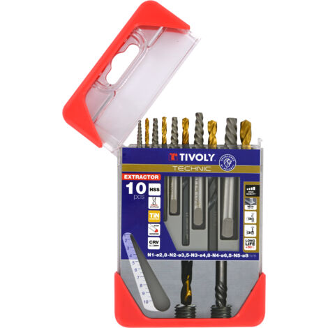 Tivoly • Scatola da 10pz, contenente 5 Estrattori per prigionieri e viti rotte N1, N2, N3, N4, N5 e 5 punte assortite HSS STEAM TIN D2.5-3.2-4.8-6.5-8mm