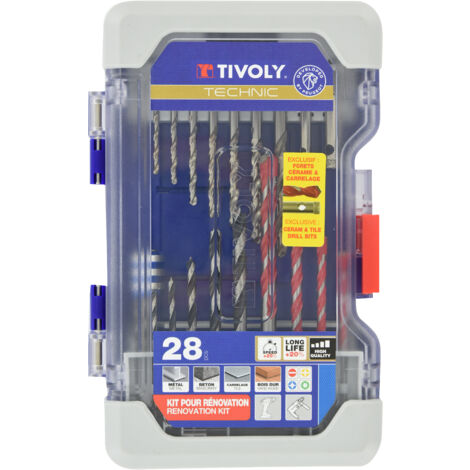 TIVOLY - Custodia da 28 pezzi: 8 punte per metallo, 4 punte per cemento/piastrelle, 6 punte per legno, 2 punte diamantate per acqua, 7 punte per viti, 1 portapunte magnetico a cambio rapido
