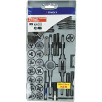 Tivoly • Scatola da 39 pezzi - 17 maschi + 17 filiere da M3 a M12 e da MF4 a MF12 + 1 calibro per filetti + 1 cacciavite + 2 portamaschi + 1 portafiliera