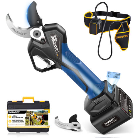 SWANSOFT 40 mm elektrische Gartenschere mit Anti-Schnitt und verstellbarer Backenöffnung, 21V 2x4Ah, 1050W Professionelle Akku-Astschere für Obst- und Weingärten PRU-40