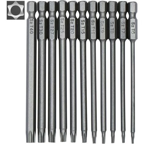 Juego de puntas Torx largas de 11 piezas para destornilladores y destornilladores eléctricos - Puntas magnéticas - Vástago hexagonal de 1/4" - Tamaños T6 a T40 - Longitud 100 mmAIPERQ