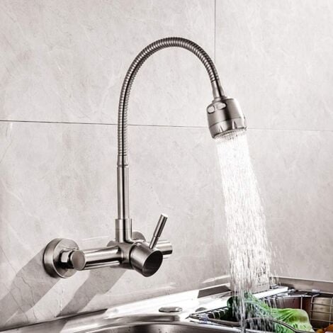 Grifo de cocina Aiperq de pared, mezclador de acero inoxidable 304, giratorio 360°, con manguera flexible.