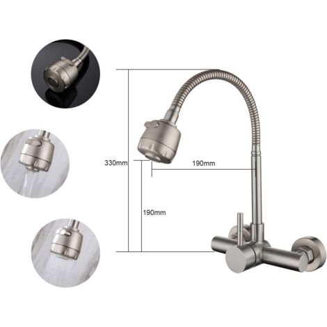 Grifo de cocina Aiperq de pared, mezclador de acero inoxidable 304, giratorio 360°, con manguera flexible.
