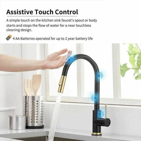 Touch Sensor Kitchen Faucet - Pull Out Spray Kitchen Faucet 2 Modes - Brushed Black and Gold Kitchen Mixer Tap