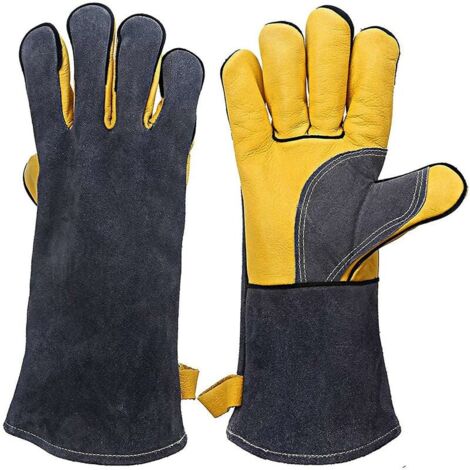 Ulisem Guantes de Cuero Resistentes al Calor y al Fuego con Costuras de Kevlar - Perfectos para Chimenea, Horno, Estufa, Barbacoa, Soldadura, Barbacoa, MIG, Agarraderas - Agarraderas - Amarillo Brilla