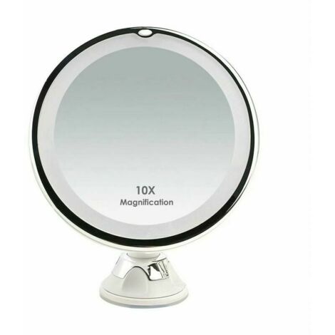 Espejo de aumento 10x con iluminación LED para viajes, con ventosa para montaje en pared y rotación de 360°, ideal para afeitarse y maquillarse.