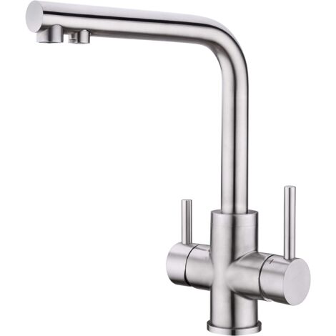 Grifo de Cocina de 3 Vías, Grifo Mezclador de Cocina de 3 Vías Giratorio 360°, Grifo de Fregadero de Cocina de Agua Potable con Salida de Agua Filtrada, Acero Inoxidable Ulisem