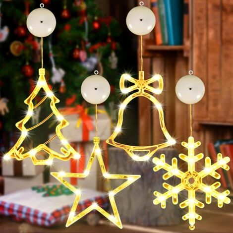 Luces navideñas LED, paquete de 4 luces navideñas con ventosa, luz navideña para ventana, luces de cadena para ventana, luces LED para cortina para decoración navideña, luz decorativa navideña para ve (1/5)