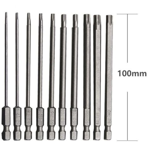Juego de 10 puntas largas para destornilladores y atornilladores eléctricos. Punta Torx larga fabricada en acero aleado de cromo vanadio. Juego de puntas de destornillador de acero inoxidable de 75 mm (1/4)