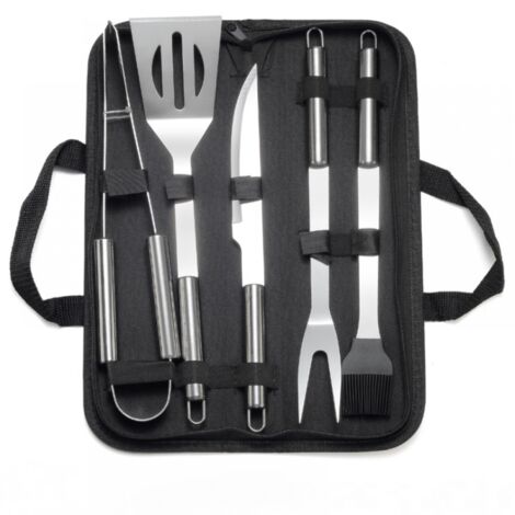 Herramientas de acero inoxidable para barbacoa: pinzas, tenedor para carne, cepillo para untar, espátula, cuchillo + bolsa de transporte para picnic, camping, barbacoa (1/5)