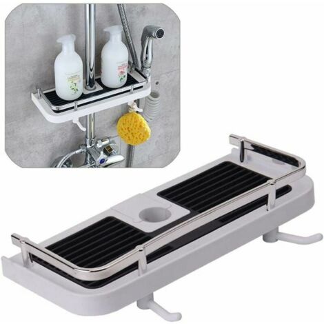 Estante de ducha sin perforaciones, soporte para jabón para almacenamiento y organización del baño con 2 ganchos y un organizador de ducha, se adapta a barras de ducha de 20 mm a 25 mm, color blanco (1/5)