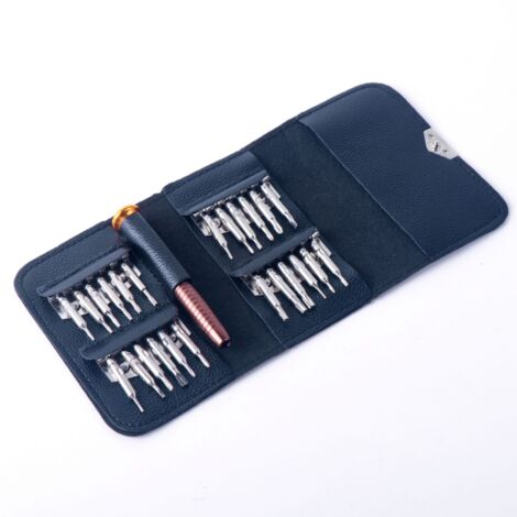 Juego de destornilladores de precisión mini 25 en 1, kit de destornilladores, herramientas de reparación para iPhone, computadora portátil, reloj, joyas, juguetes, anteojos, etc., con estuche de cuero (1/5)