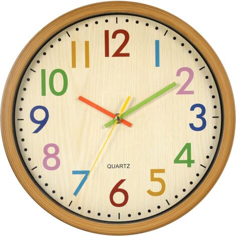 Reloj de pared para niños Crediri, 32 cm (12,5 pulgadas) con números coloridos silenciosos que no hacen tictac, fácil de leer, accesorios y decoración para el hogar. (1/5)