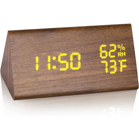 Crediri - Reloj despertador digital de madera con pantalla LED y 6 niveles de brillo, detección de temperatura y humedad, reloj de noche eléctrico triangular para dormitorio, habitación infantil (marr (1/5)