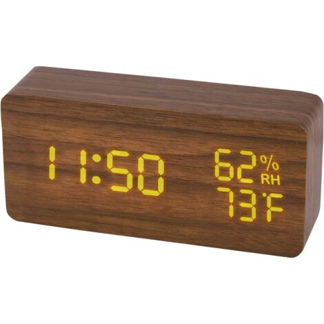 Reloj despertador digital de madera Crediri con pantalla LED y 6 niveles de brillo (calor, temperatura y humedad). Incluye cable USB para dormitorio, oficina y habitación infantil. Marrón. (1/5)