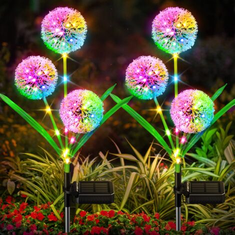 Lámpara solar para jardín exterior, 2 unidades con 6 flores de diente de león y 36 LED de colores.