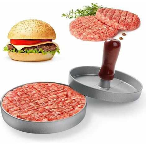 Prensa para hamburguesas, de aluminio, antiadherente, para carne molida de cocina, con mango de madera, para filetes y albóndigas (12 cm de diámetro) (1/5)