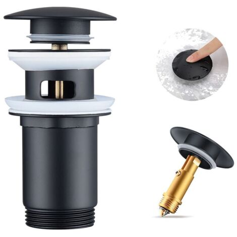 Desagüe de fregadero YMYNY, desagüe emergente con desbordamiento automático, tapón de desagüe universal de acero inoxidable negro (1/5)