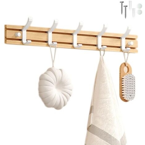 Perchero de pared de bambú YMYNY con 5 ganchos para colgar ropa, batas, toallas y abrigos. Ideal para entrada, dormitorio y baño (blanco, 5 ganchos).