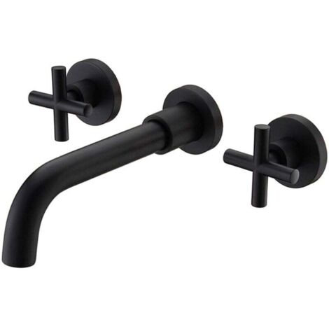 Grifo mezclador de lavabo Ulisem negro, de pared, de dos manijas, de latón para baño.
