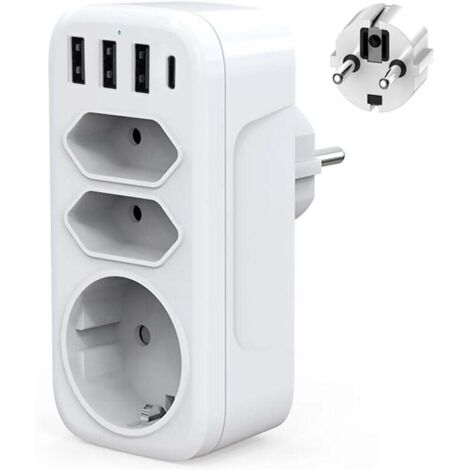 Regleta de enchufes USB C de pared Ulisem de 4000 W con adaptador de enchufes, cargador USB múltiple con 3 USB + tipo C, 1 enchufe Schuko y 2 enchufes europeos para el hogar, la cocina y la oficina. (1/4)