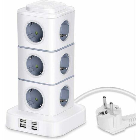 Regleta de enchufes Ulisem Tower, 12 tomas (2500 W/10 A) con 4 puertos USB, regleta vertical con protección contra sobretensiones para casa y oficina, cable alargador de 3 m (1/4)