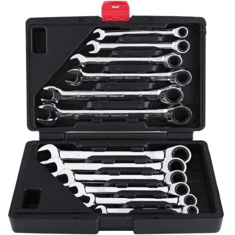 Kit de herramientas de llave de trinquete Ulisem12 piezas de 8-19 mm, llave combinada profesional, llave de trinquete, llave de extremo abierto con estuche, ángulo de retorno de 5°, 72 dientes, trinqu (1/4)