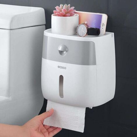 Portarrollos de papel higiénico adhesivo Ulisem con estante para pared, sin taladros, dispensador de pañuelos para coche con cajón y estante, para baño, blanco y gris ——Adélal (1/5)