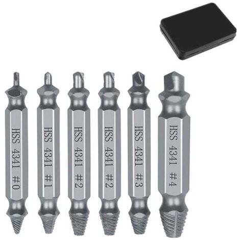 Juego de 6 extractores de tornillos dañados Ulisem. Elimina tornillos o pernos pelados o dañados. Fabricado en acero HSS 4341. Diseño DIY. Apto para todo tipo de taladros, artesanos y profesionales. (1/5)