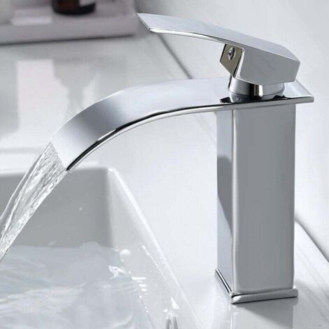 Grifo de baño moderno Ulisem con cascada, grifo de lavabo de diseño elegante, grifo mezclador de latón, agua caliente y fría disponible, grifo cromado G 3/8 (1/4)