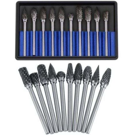 Juego de 10 fresas de carburo Ulisem de acero de tungsteno, limas rotativas, cabezal de corte de 3 mm de diámetro y vástago de 6 mm, broca para fresado, corte de metal, pulido, grabado y perforación ( (1/4)