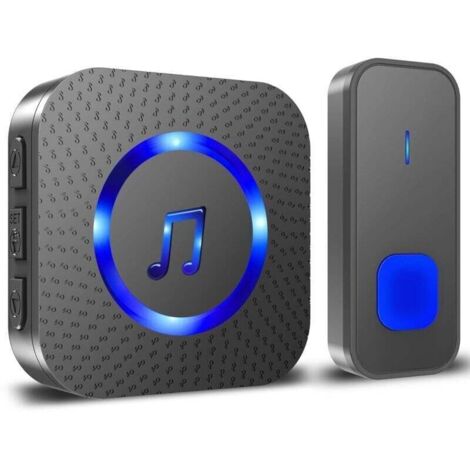 Timbre inalámbrico Ulisem, 400 m, IP55, resistente al agua, electrónico, con receptores enchufables para el hogar, 55 melodías a 5 niveles de volumen, LED azul y negro (1/4)