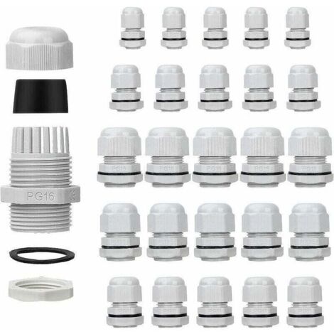 Prensaestopas impermeables Ulisem 25 piezas - Ajustables - PG7, PG9, PG11, PG13.5, PG16 - Conectores de cable - Tuercas de relleno - Juntas de plástico con arandela - Blanco (1/4)