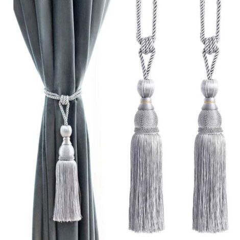 Alzapaños decorativos Ulisem con borlas y bolas - Alzapaños para cortinas para el hogar y la oficina, bucles trenzados, flecos, paquete de 2 (gris) (1/4)