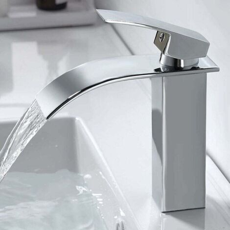 Grifo de baño moderno Ulisem con cascada, grifo de lavabo de diseño elegante, grifo mezclador de latón, agua caliente y fría disponible, grifo cromado G 3/8 (1/4)