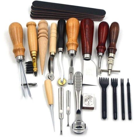 Herramientas y suministros para manualidades de cuero Ulisem, kit de 18 piezas para manualidades de cuero con ranuradora de costura y punzón de puntas, perfecto para coser, perforar, cortar, coser y h (1/5)