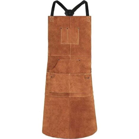 Delantal de soldadura Ulisem, de piel de vacuno con 6 bolsillos, multifuncional, de cocina, 61 x 91 cm, con tirantes ajustables de M a XXL, para hombre y mujer, color marrón (1/4)