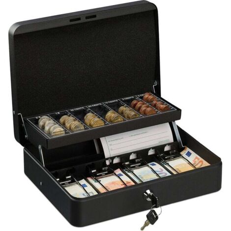 Caja de caudales con cerradura Ulisem con contador de monedas y 4 compartimentos para billetes, caja de hierro, HBT 8,5 x 30,5 x 24,5 cm, color negro (1/4)