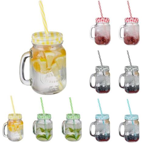 Vasos Ulisem con tapa y pajita, juego de 10 vasos para limonada, 500 ml, vasos retro de verano con asa, coloridos (1/4)