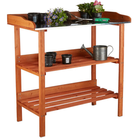 Mesa De Jardinería De Madera Con Encimera De Metal - Con Estantes Extraíbles Y Ganchos, Ideal Para Exterior