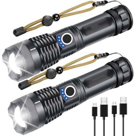 UlisemTorche Lampe de Poche LED 2 Pack, XHP50 USB Rechargeable Lampe Torche IPX4 Étanche, 5 Modes Eclairage, Lampe de Poche Zoom télescopique pour Camping, Randonnée, D'urgence [Classe énergétique A++ (1/4)