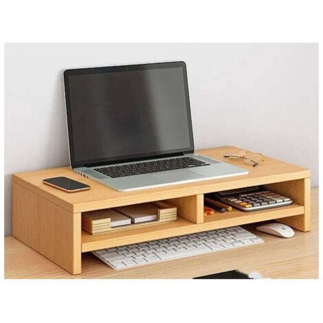 UlisemSupport de moniteur en bois, support de moniteur d'ordinateur, organisateur de bureau, étagère de moniteur multifonctionnelle avec compartiment de rangement, double couche couleur bois (1/4)