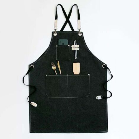 UlisemTablier de cow-boy de haute qualité avec poches pour coiffeur, Tablier de travail multifonction en toile cirée imperméable, peintre, jardinier, styliste de coiffure pour femme et homme,noir (1/4)