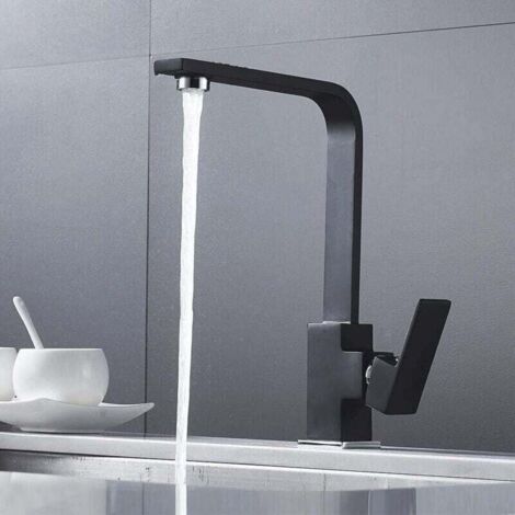 Grifo monomando de cocina, grifo de cocina cuadrado con caño alto - Grifo monomando para fregadero de cocina - Latón (negro) (1/4)