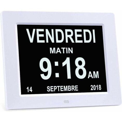 Reloj calendario digital LCD de 8" con fecha, día y hora, ideal para personas mayores con Alzheimer y padres (blanco) (1/4)
