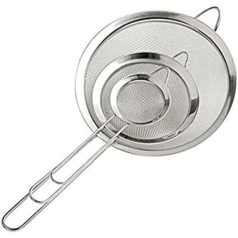 Colador de malla fina con asa - 3 piezas (7/12/18 cm) para escurrir fideos, arroz, verduras y claras de huevo. (1/4)